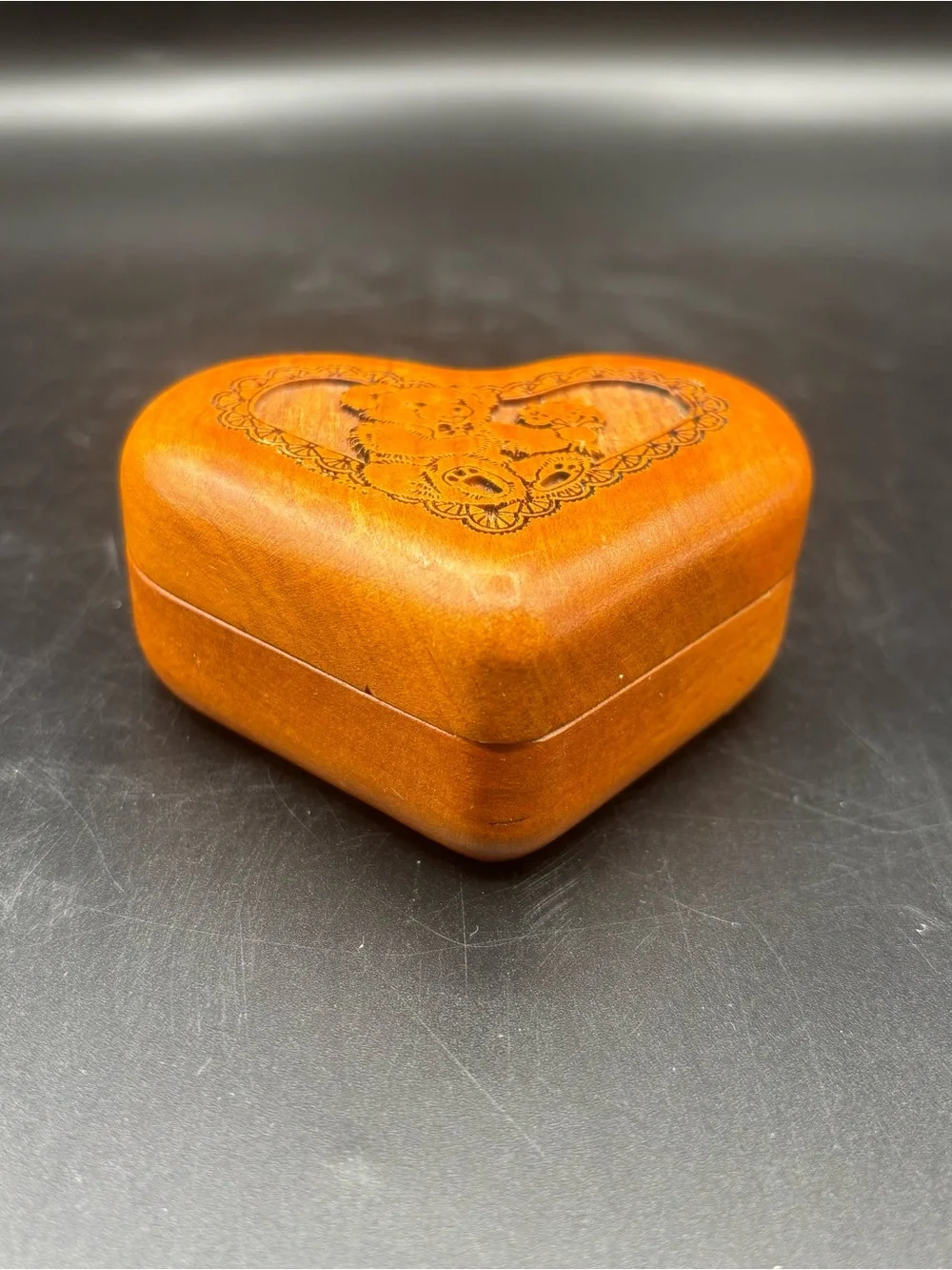 Music Box Carved Heart Shape Wood Teddy Bear Jewelry Box Laser Cut Lined